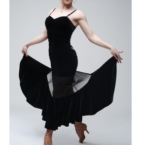 Black velvet tulle patchwork backless women's fashion sexy professional  stage performancelatin samba salsa cha cha rumba dance slip dresses outfits